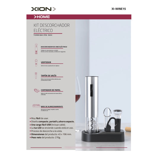Kit Descorchador Saca Corcho Eléctrico Recargable Xion Wine - Único