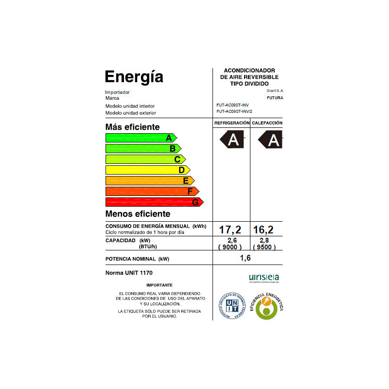 Aire Acondicionado Futura Fut-ac09st-inv 9000 Btu Inverter Blanco