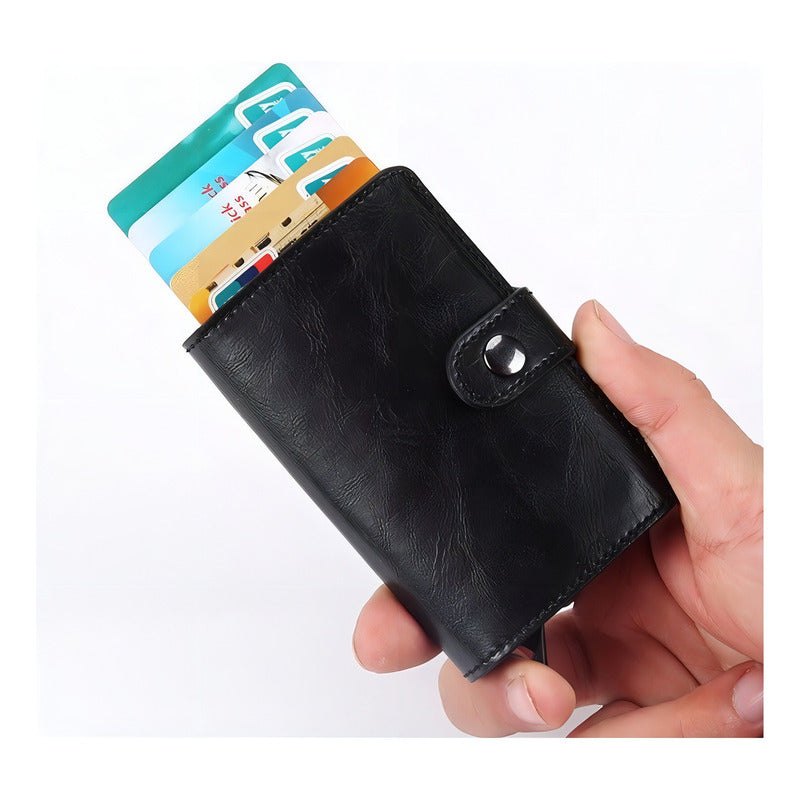 Billetera Tarjetero Automatico Cuero Ejecutiva Antirobo Rfid Color Marrón