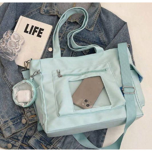 Bolso Plegable De Tela Impermeable Cartera Dama Con Bolsillo Celeste Lisa