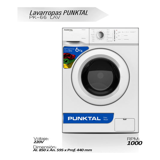 Lavarropas Punktal Frontal Pk-66 Lav 6kg 1000 Rpm 16 Program Color Blanco