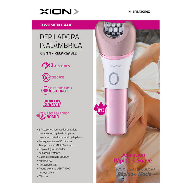 Depiladora Inalámbrica Xion 6 En 1 Xi-epilator6x1 Rosa Blanco