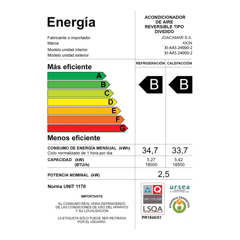 Aire Acondicionado Split Xion Frio Calor 24000 Btu Xi-aas240 Blanco