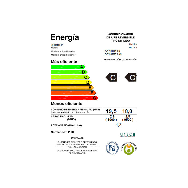 Aire Acondicionado Futura 9000 Btu Fut-ac09st-on Clase C Blanco