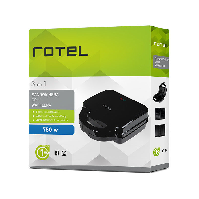 Sandwichera Grill Y Waflera Rotel 3 En 1 Color Negro