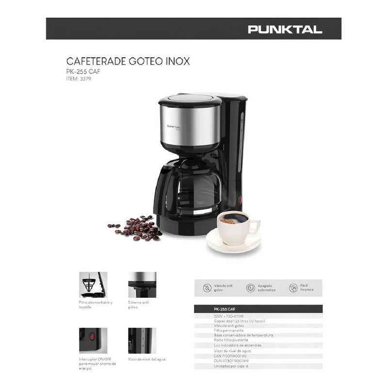 Cafetera Punktal Inox 12 Tazas 1.25l Filtro Permanente Color Negro