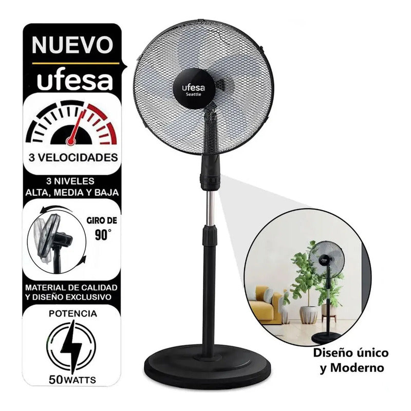 Ventilador De Pedestal 16 50w Ufesa Seattle 3 Aspas Color Ne 40.64 Cm 60 Hz Negro Azul Plástico 5
