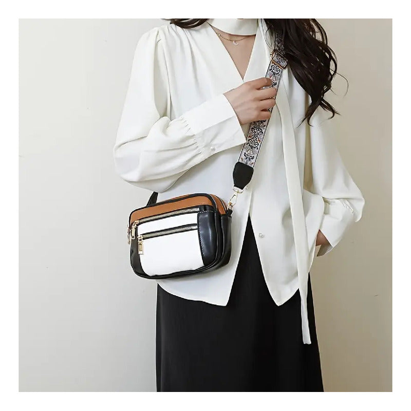 Cartera Bolso Dama Rectangular Combinado 4 Cierres Negro Lisa