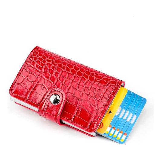 Billetera Tarjetero Porta Tarjetas De Metal Cuero Sintetico Rojo Croco
