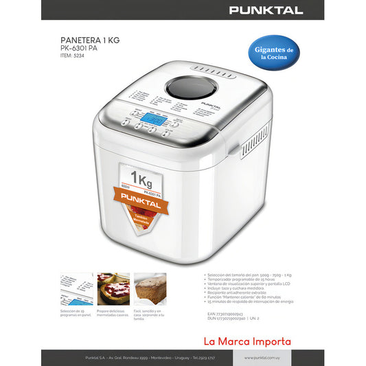 Panetera Punktal Pk-pa6301 Capacidad 1kg 650w Taza Medidora Cuchara Y Recetario