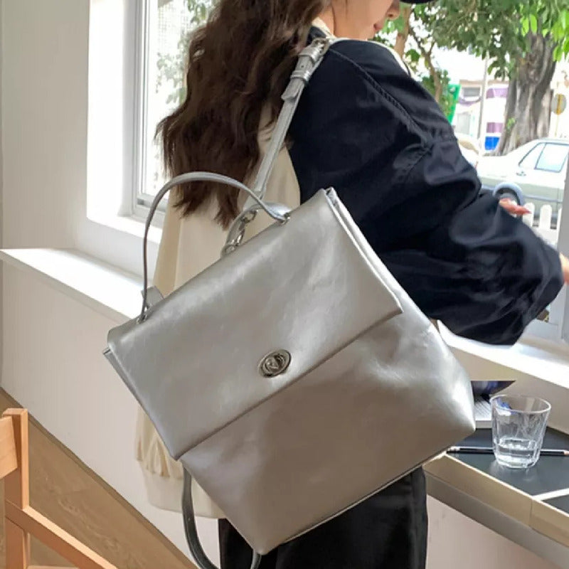 Mochila Urbana Genérica Cartera 2 En 1 Moda Cuerina Beige Liso