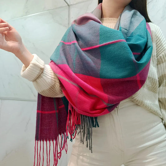 Pashmina Chalina Bufandas De Dama Afelpada Livianas Y Sauves Verde-rosa Rayas