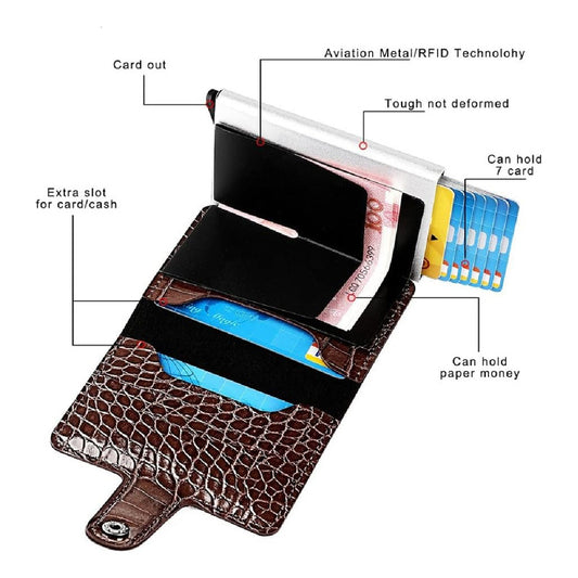 Billetera Tarjetero Porta Tarjetas De Metal Cuero Sintetico Negro Croco