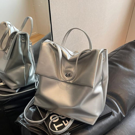 Mochila Urbana Genérica Cartera 2 En 1 Moda Cuerina Plateado Liso