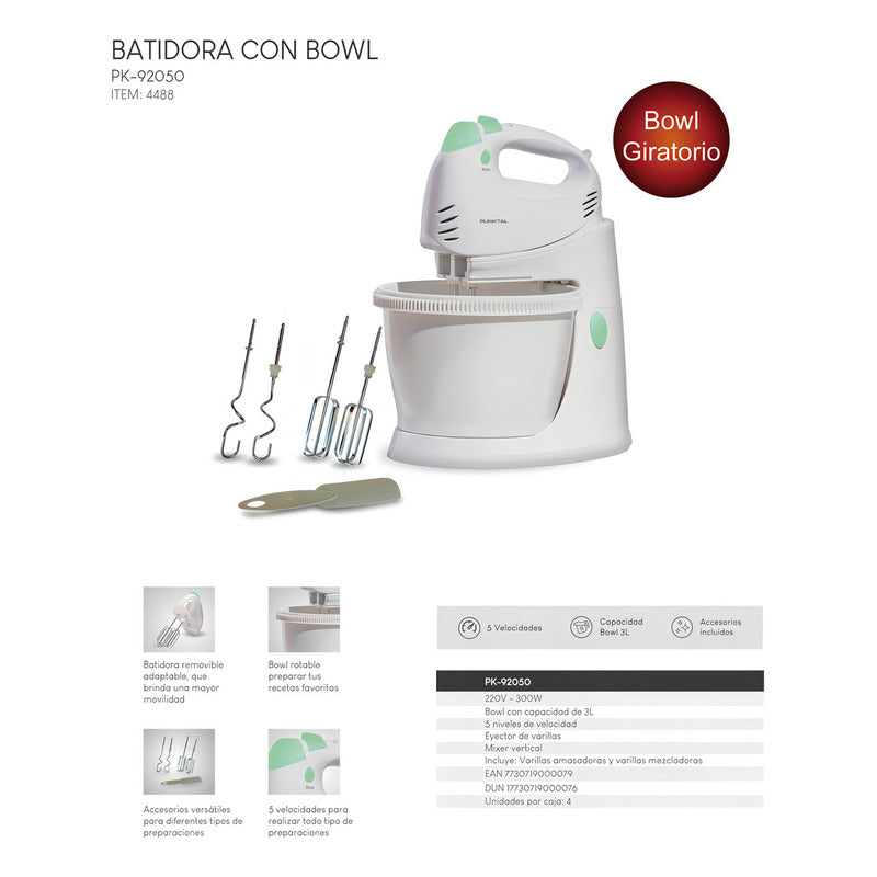 Batidora Punktal Pk-92050 300 W Bowl De 3 L Giro Automático Blanco