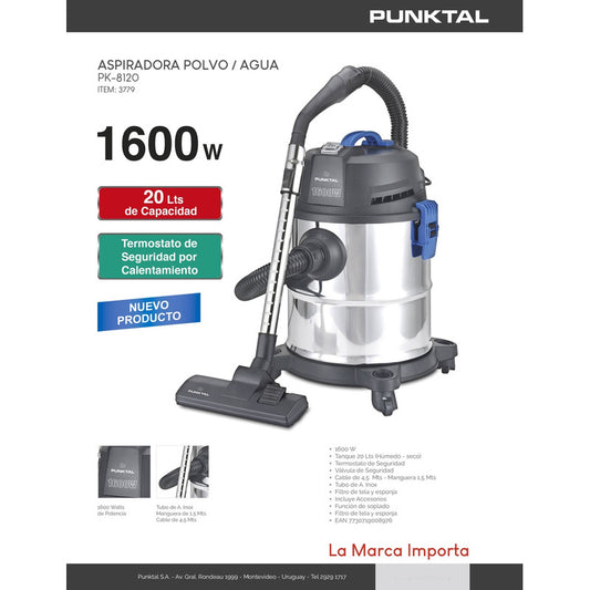 Aspiradora Bidon Seco Humedo Punktal 1600w Pk-8120 20 Litros - Plateado