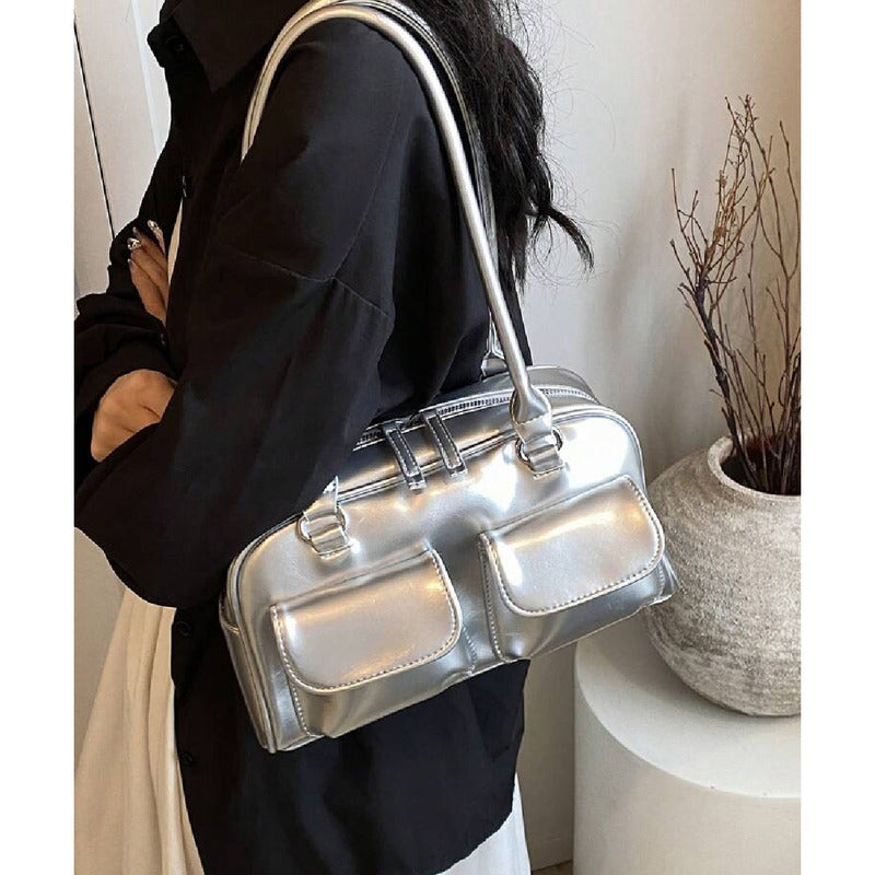 Cartera Bandolera Brillante Mujer Cuero Sintético Plateado