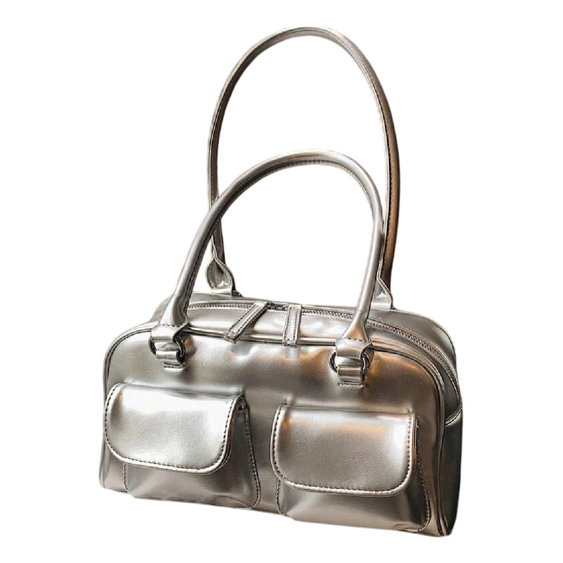 Cartera Bandolera Brillante Mujer Cuero Sintético Plateado