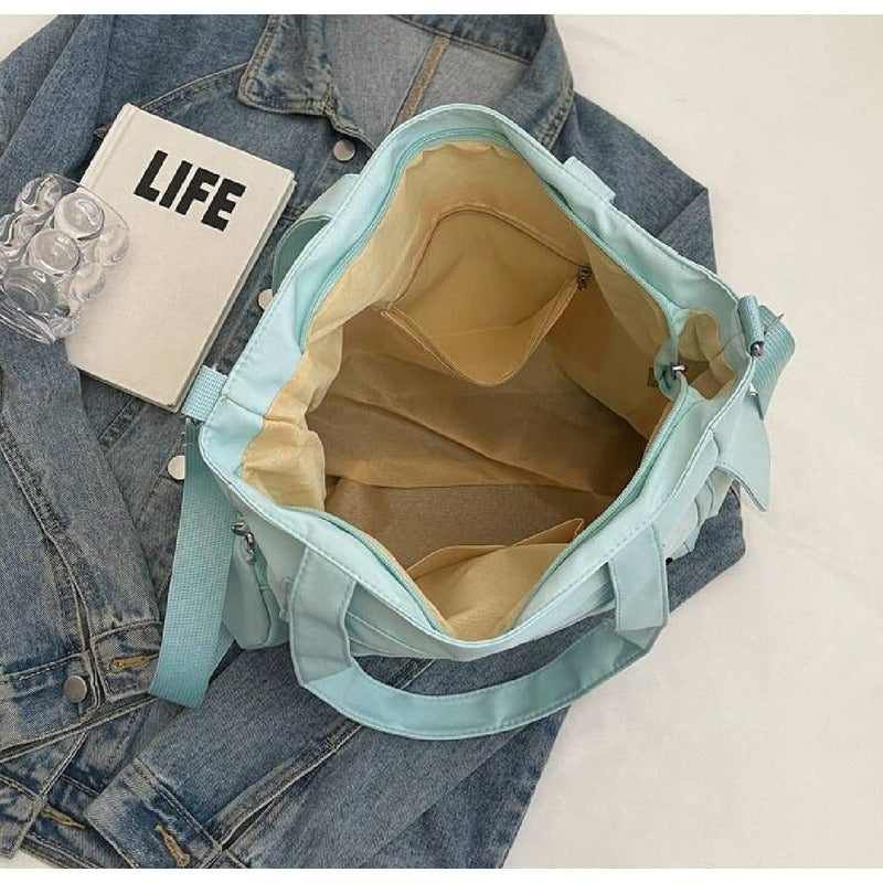 Bolso Plegable De Tela Impermeable Cartera Dama Con Bolsillo Celeste Lisa