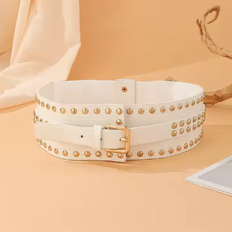 Cinto Ancho Con Tachas Cinturón Cuero Sintético Y Elástico Blanco 74,5 X 7,5 Cm