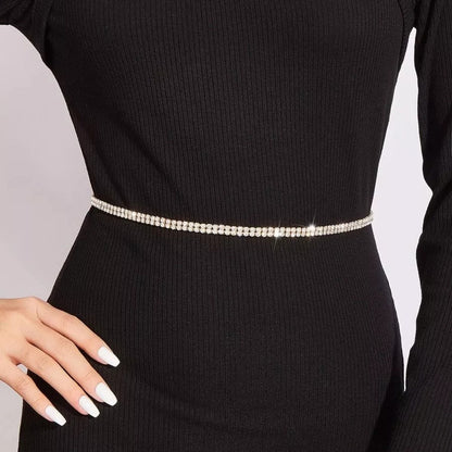 Cintos De Strass Doble Para Fiestas Con Cadenita Brillante - Plateado - Único