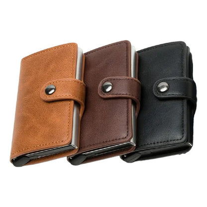 Billetera Tarjetero Porta Tarjetas De Metal Cuero Sintetico Marrón Oscuro
