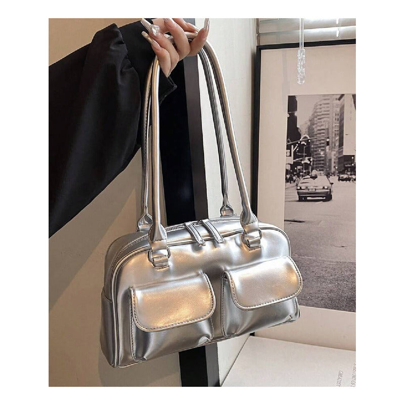 Cartera Bandolera Brillante Mujer Cuero Sintético Plateado