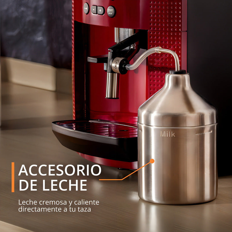 Cafetera Expreso Super Automática Krups + Accesorio Leche Color Rojo