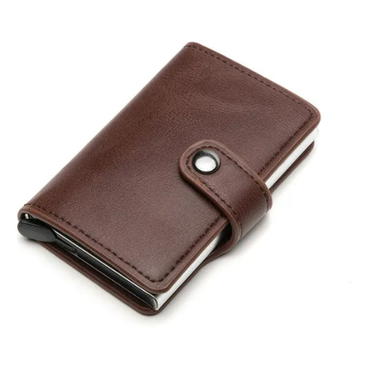 Billetera Tarjetero Porta Tarjetas De Metal Cuero Sintetico Marrón Oscuro