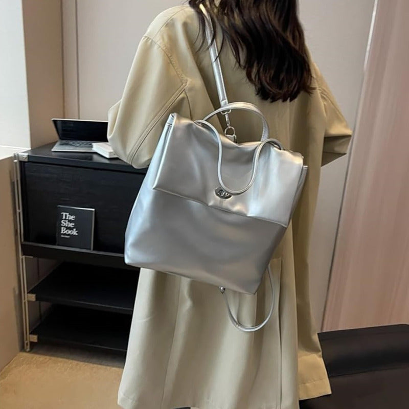 Mochila Urbana Genérica Cartera 2 En 1 Moda Cuerina Plateado Liso