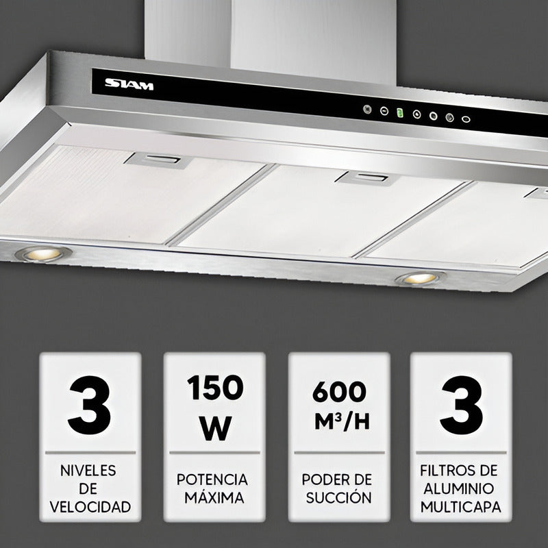 Extractor De Cocina Siam Plana Si-cp-600ev Ac. Inox. De Pared 60cm X 80cm X 50cm Acero Inoxidable
