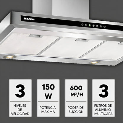 Extractor De Cocina Siam Plana Si-cp-600ev Ac. Inox. De Pared 60cm X 80cm X 50cm Acero Inoxidable