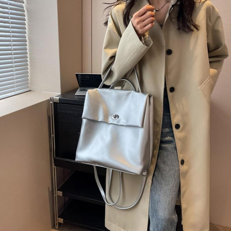 Mochila Urbana Genérica Cartera 2 En 1 Moda Cuerina Plateado Liso