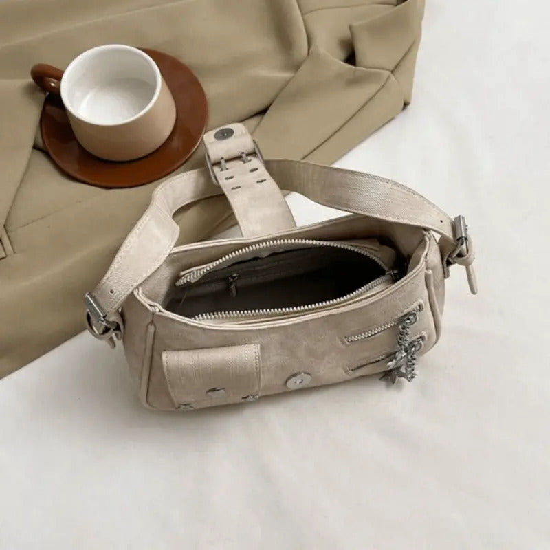 Cartera Bandolera De Tela Para Mujer Correa  De Hombro Caqui Lisa