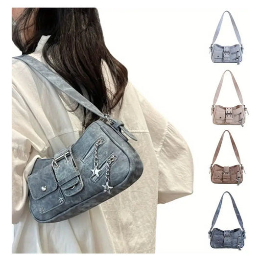 Cartera Bandolera De Tela Para Mujer Correa  De Hombro Azul Acero Lisa