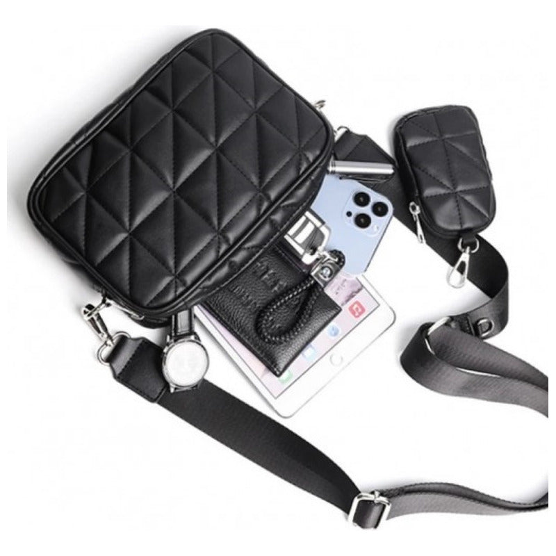 Cartera Bandolera Capitoneada Para Mujer Con Cierre Negro.