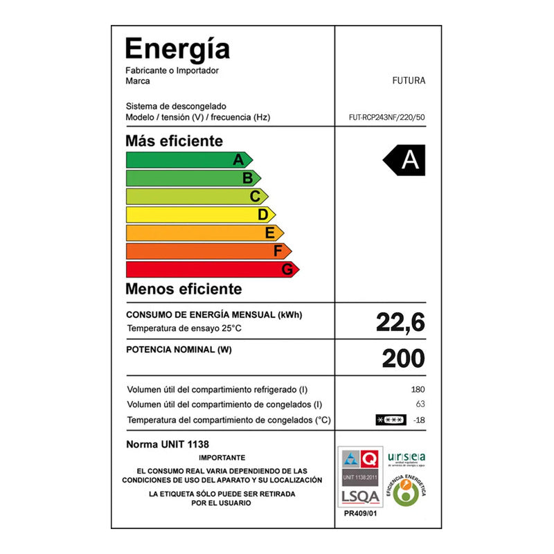 Heladera Futura Fut-rcp243nf Panelable 243l Color Blanc