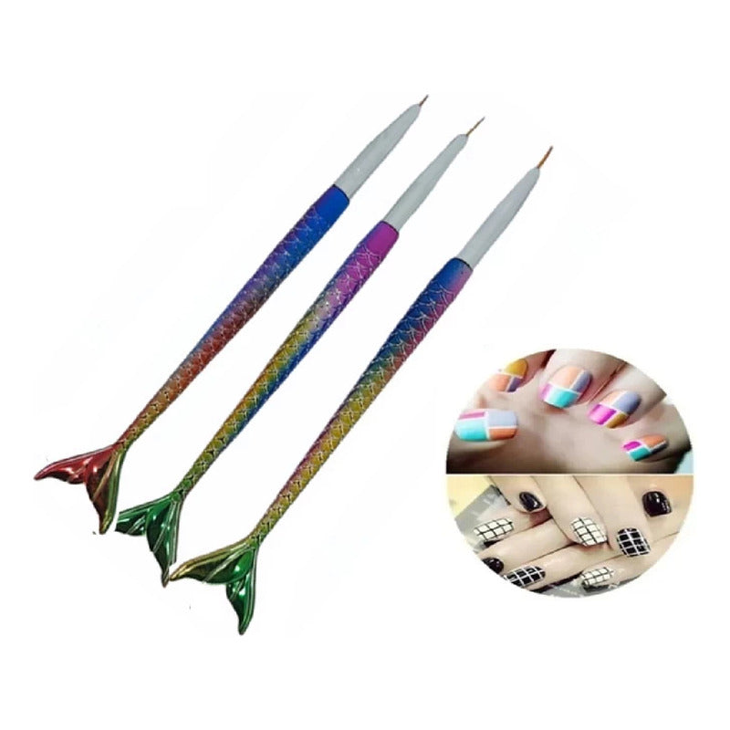 Pinceles Liner Cola De Sirena Kit Pack X3 Decoración De Uñas Multicolor
