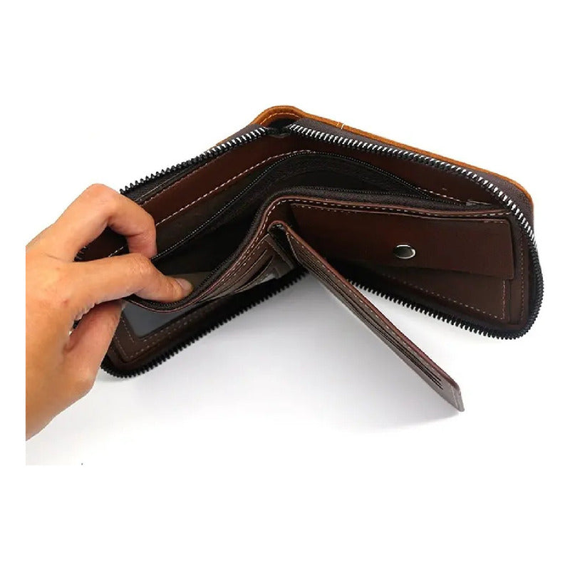 Billetera Para Hombre Con Cierre Sector Monedero De Cuerina - Marrón