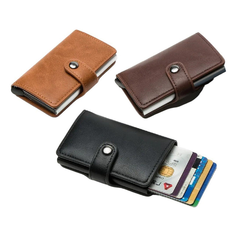 Billetera Tarjetero Porta Tarjetas De Metal Cuero Sintetico Marrón Oscuro