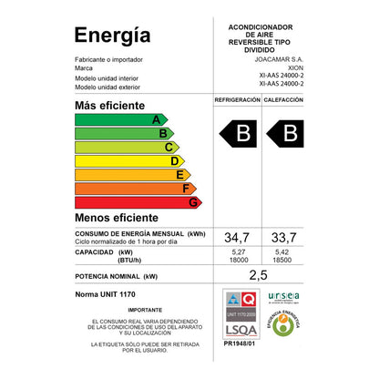 Aire Acondicionado Split Xion Frio Calor 24000 Btu Xi-aas240 Blanco