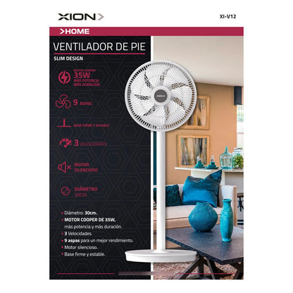 Ventilador De Pie Xion Slim Design 34 Cm Xi-v12 35 W 76.2 Cm 50/60hz Blanco Blanco Plástico 9