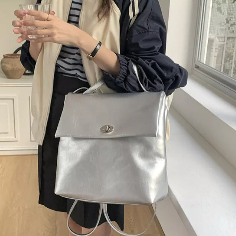 Mochila Urbana Genérica Cartera 2 En 1 Moda Cuerina Plateado Liso