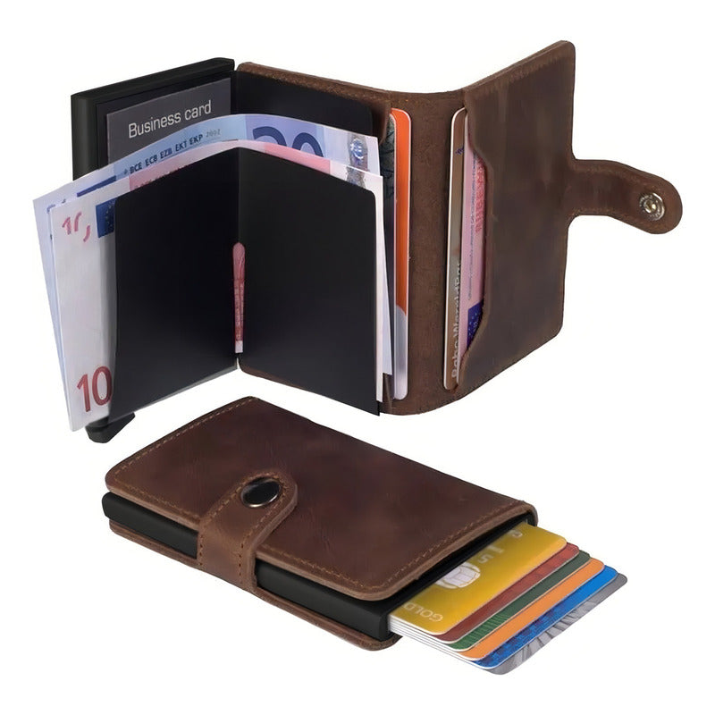 Billetera Tarjetero Automatico Cuero Ejecutiva Antirobo Rfid Color Marrón