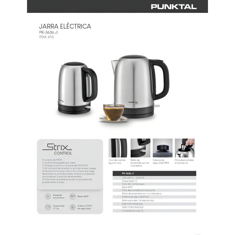 Jarra Eléctrica Hervidor Agua 1.7 Lts. Acero Inox Punktal Pk-3636 Ji