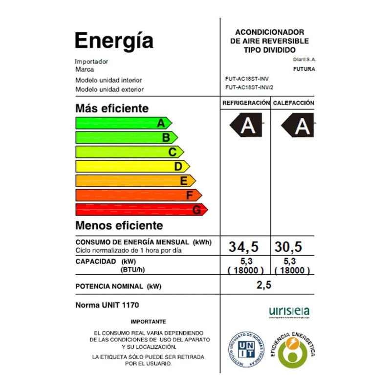 Aire Acondicionado Futura 18000 Btu Fut-ac18st-inv - Blanco