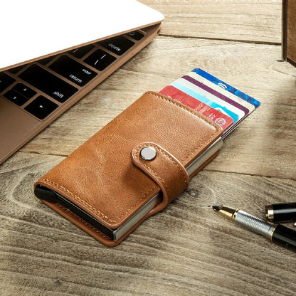 Billetera Tarjetero Porta Tarjetas De Metal Cuero Sintetico Marrón Oscuro