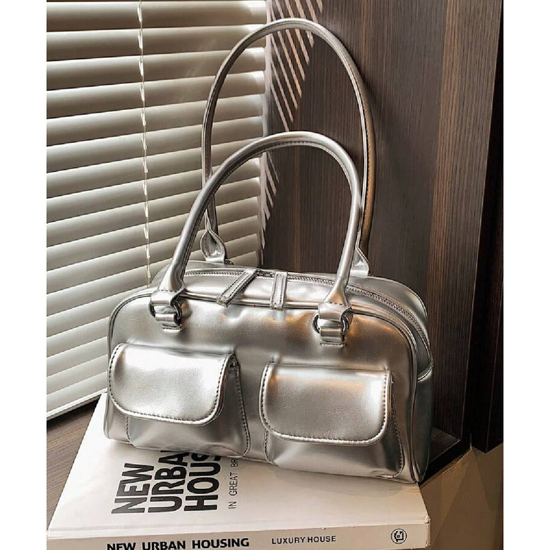 Cartera Bandolera Brillante Mujer Cuero Sintético Plateado