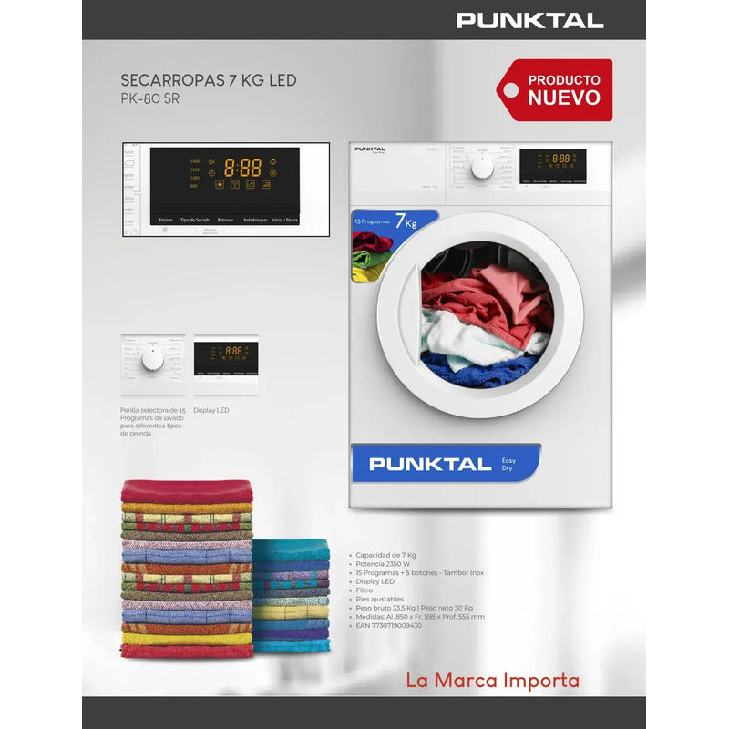 Secarropa Punktal Pk-80sr Carga Frontal 7 Kg 15 Programas - Blanco