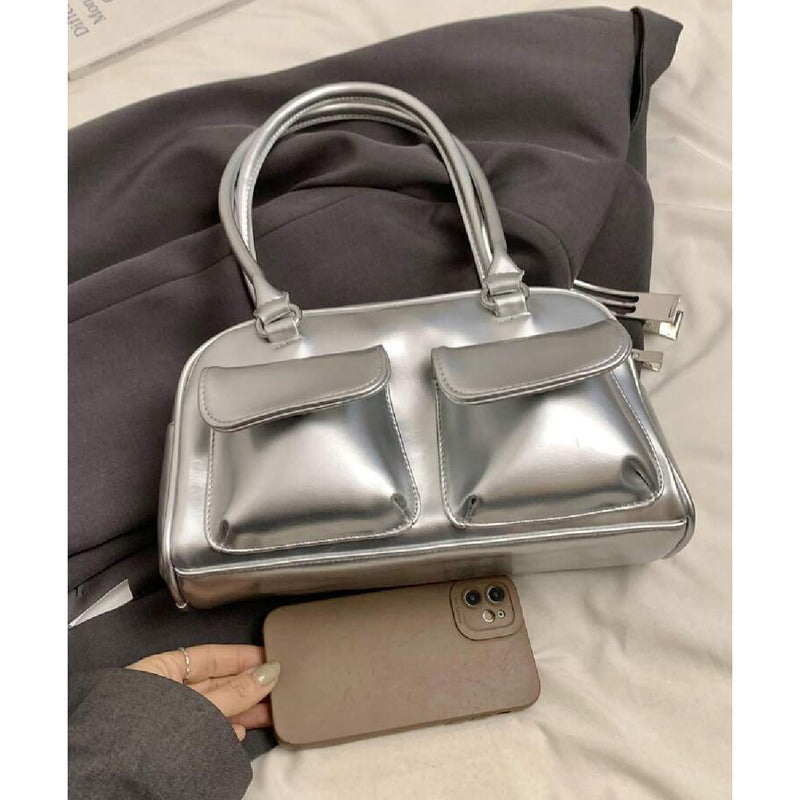 Cartera Bandolera Brillante Mujer Cuero Sintético Plateado